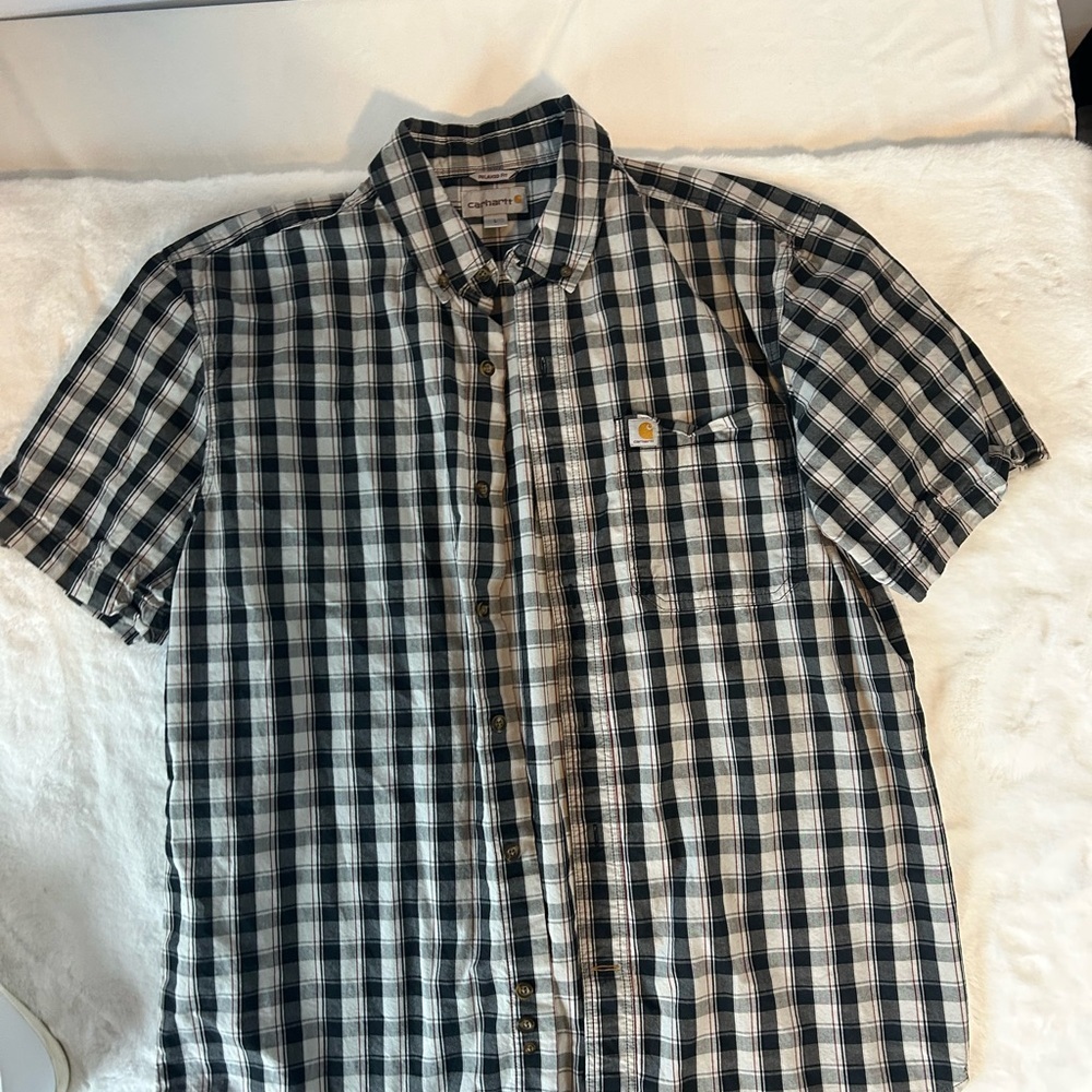Carhartt Men’s Plaid Short Sleeve Button Up Shirt Black Gray